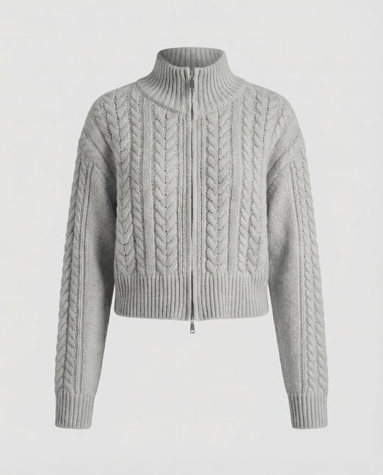 Damen Cropped-Strickblouson in Kabelstruktur mit Stehkragen und Zweiwege-Reißverschluss EB