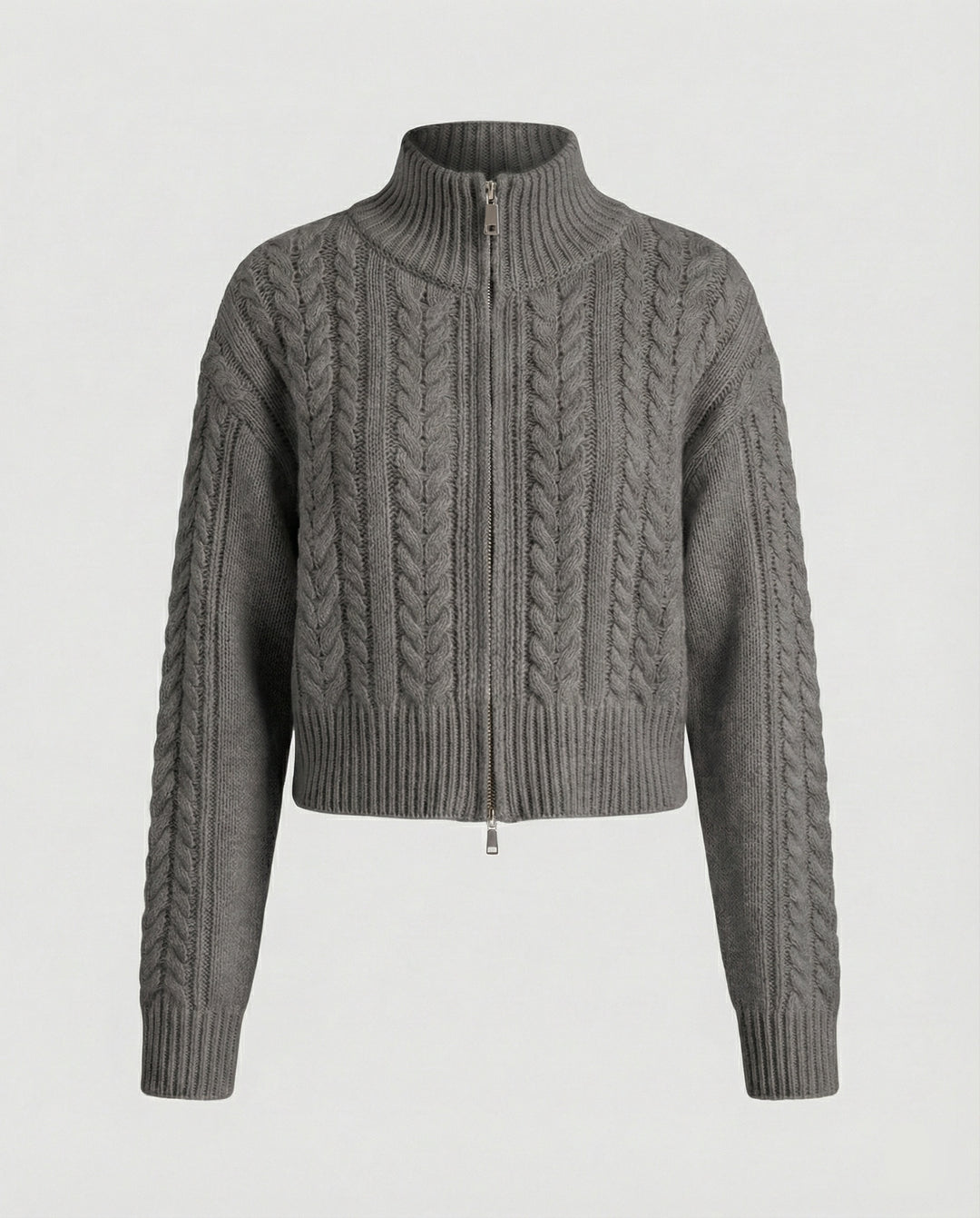 Damen Cropped-Strickblouson in Kabelstruktur mit Stehkragen und Zweiwege-Reißverschluss EB