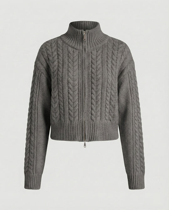 Damen Cropped-Strickblouson in Kabelstruktur mit Stehkragen und Zweiwege-Reißverschluss EB