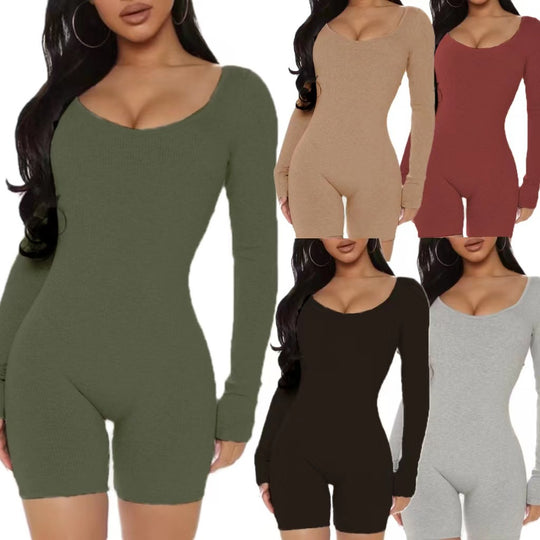 Damen Langarm Jumpsuit mit figurformendem Schnitt und Rippstruktur EB