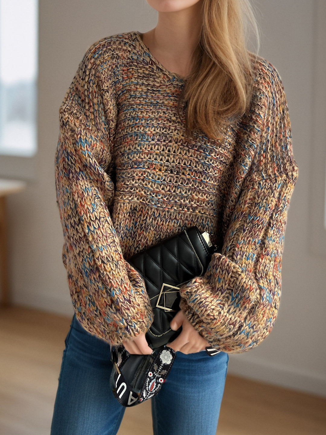 Damen grob gestrickter Pullover mit voluminösen Ärmeln EB