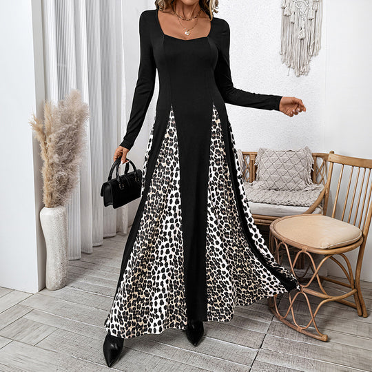 Damen Elegantes Maxikleid mit modischem Tiermuster und langem Arm EB
