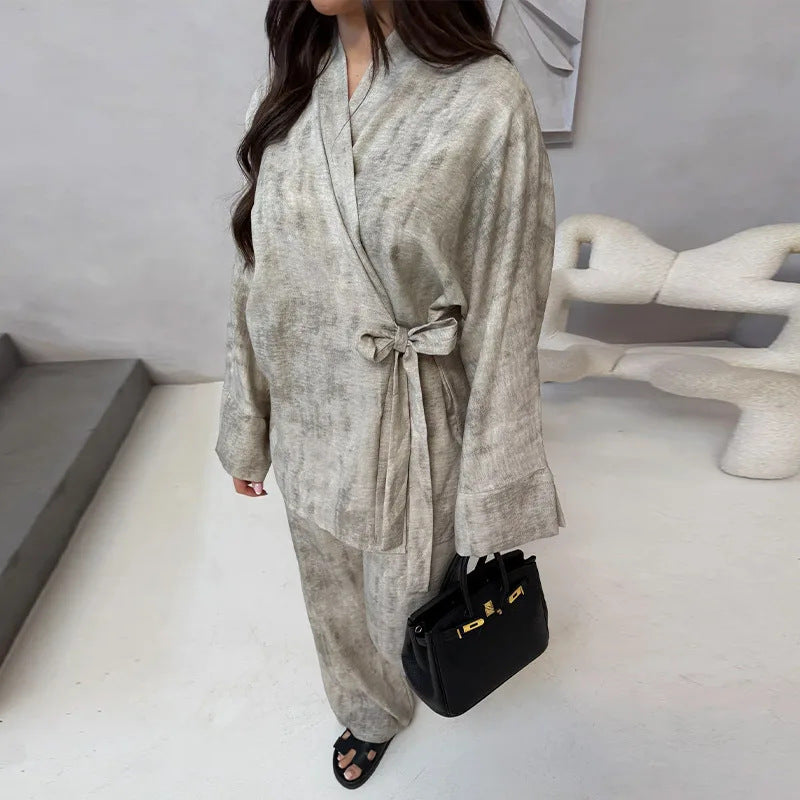 Damen Leichtes Loungewear Set mit Wickeljacke und weiten Haremshosen EB