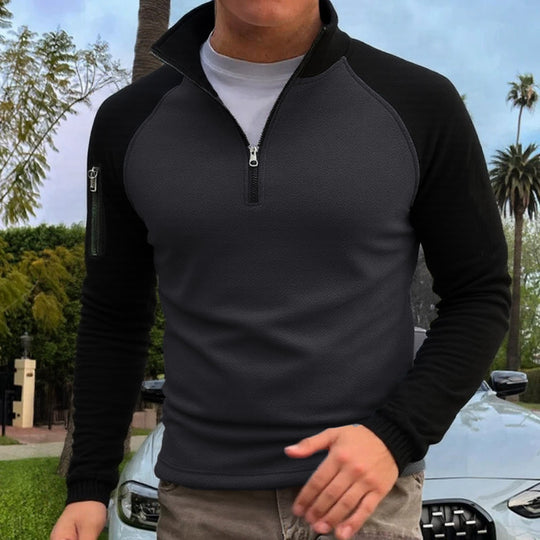 Herren nan slimfit Halbzip-Pullover mit Raglanärmeln, Waffelstruktur und Ärmeltasche EB