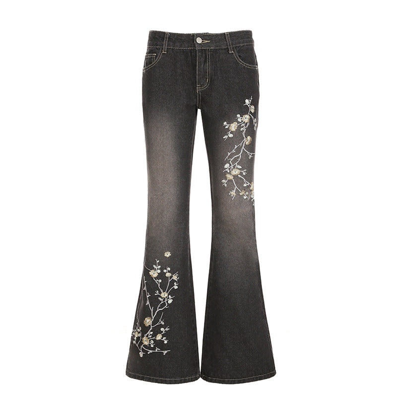 Damen nan taillierte Schlaghose-Jeans mit floraler Stickerei, Stretchdenim und Five-Pocket-Schnitt EB