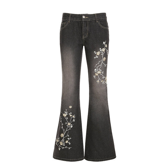 Damen nan taillierte Schlaghose-Jeans mit floraler Stickerei, Stretchdenim und Five-Pocket-Schnitt EB