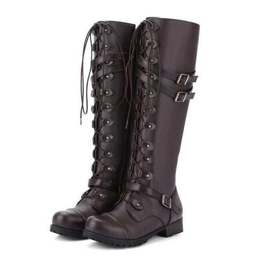 Damen Langer Schnür-Stiefel mit modischen Schnallen und robustem Profil EB