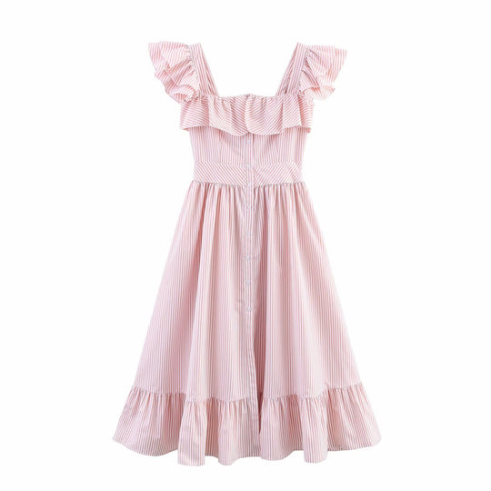 Damen Maxikleid mit voluminösem Rüschen-Design und Knopfverschluss EB