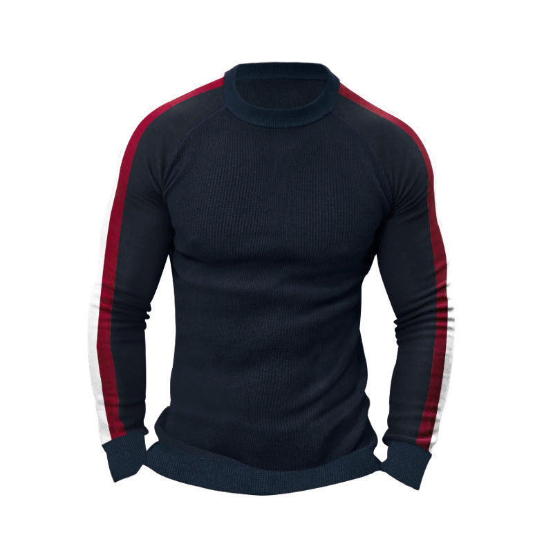Herren sportlicher Strickpullover mit kontrastierenden Ärmeln und hohem Kragen EB