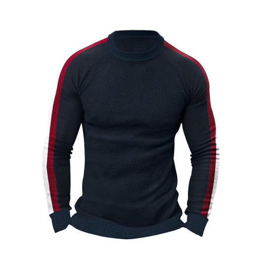 Herren sportlicher Strickpullover mit kontrastierenden Ärmeln und hohem Kragen EB