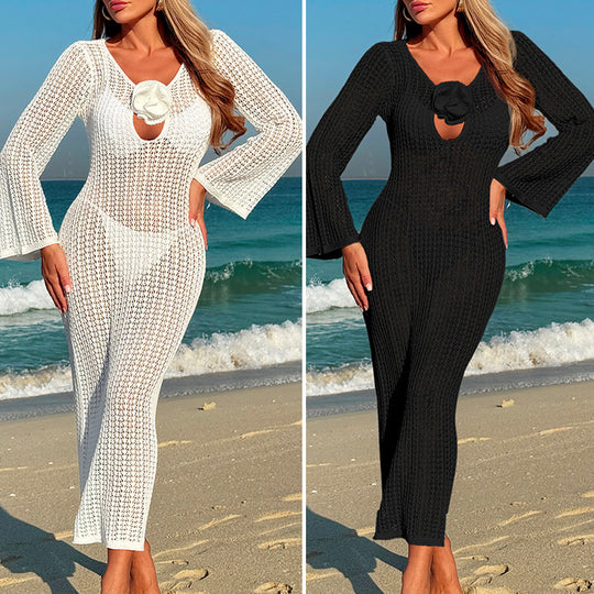 Damen Häkel-Strandkleid mit V-Ausschnitt und Blütenapplikation EB