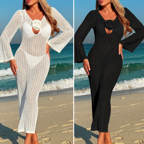 Damen Häkel-Strandkleid mit V-Ausschnitt und Blütenapplikation EB