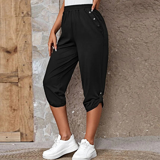 Damen nan lässige dreiviertellange Hose mit elastischem Bund, Eingrifftaschen und krempelbarem Saum EB