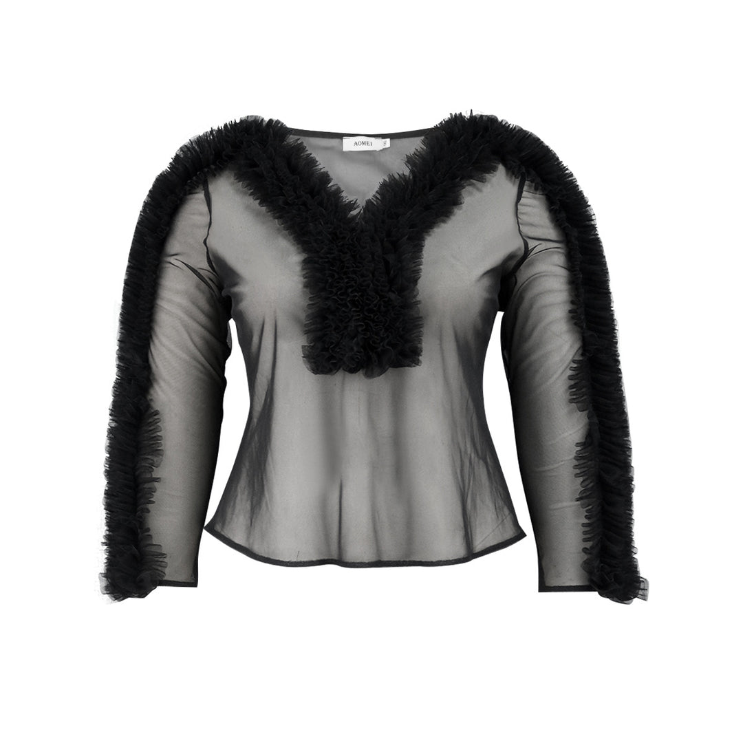 Damen Elegante transparente Bluse mit rüschenverzierten Ärmeln EB