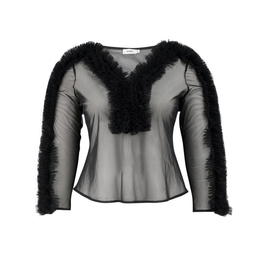 Damen transparente Bluse mit voluminösen Rüschen EB