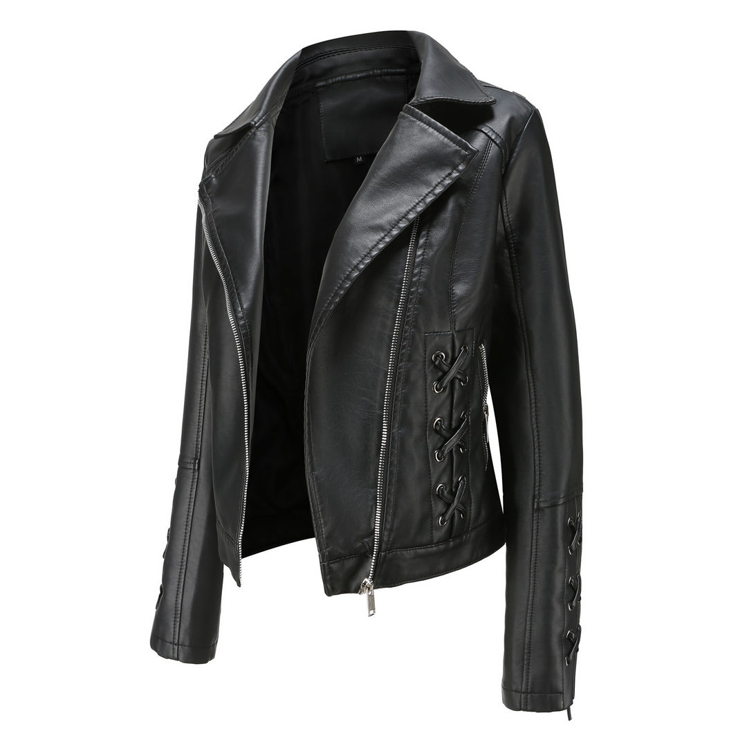 Damen modische Kunstlederjacke mit raffinierten Schnürdetails EB