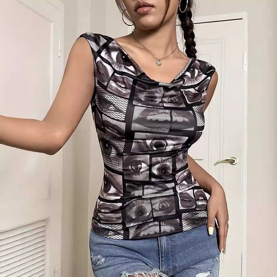 Damen T-Shirt mit kreativem Augendesign und figurbetonter Passform EB