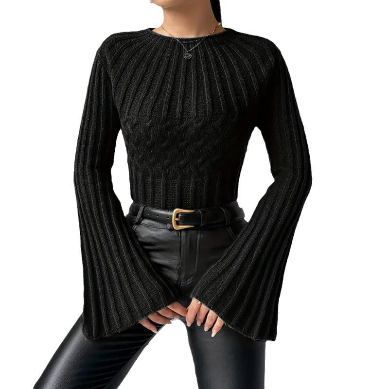 Damen Strickpullover mit weitem Ärmel und Zopfmuster EB