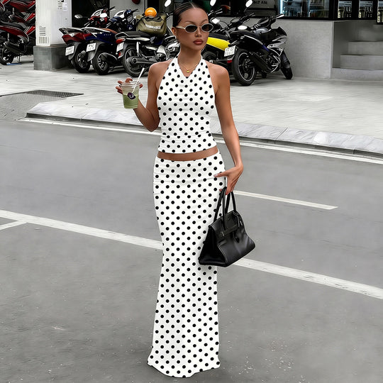 Damen Polka Dots Maxikleid Set EB