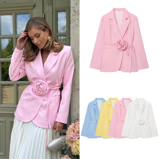 Damen nan taillierter Blazer mit dekorativer Rosenapplikation und Bindegürtel EB