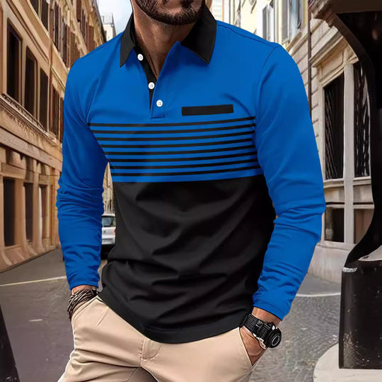 Herren nan langärmliges Poloshirt mit kontrastierendem Hemdkragen, dezenter Brustpaspel und feinem Streifenrelief EB