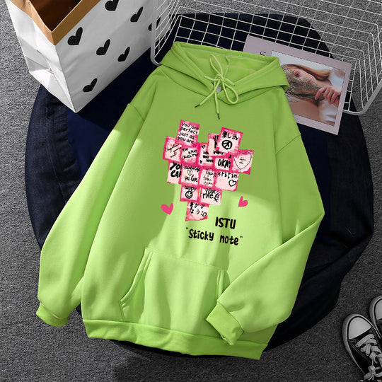 Damen nan Kapuzenpullover mit Sticky-Note Grafik, Kängurutasche und weichem Fleecefutter EB