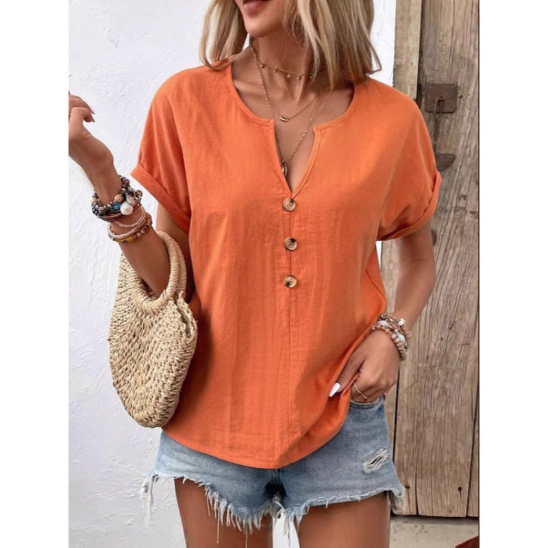 Damen lässige Bluse mit Knopfleiste und rundem Ausschnitt EB