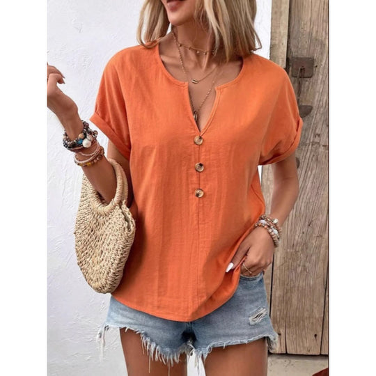 Damen lässige Bluse mit Knopfleiste und rundem Ausschnitt EB