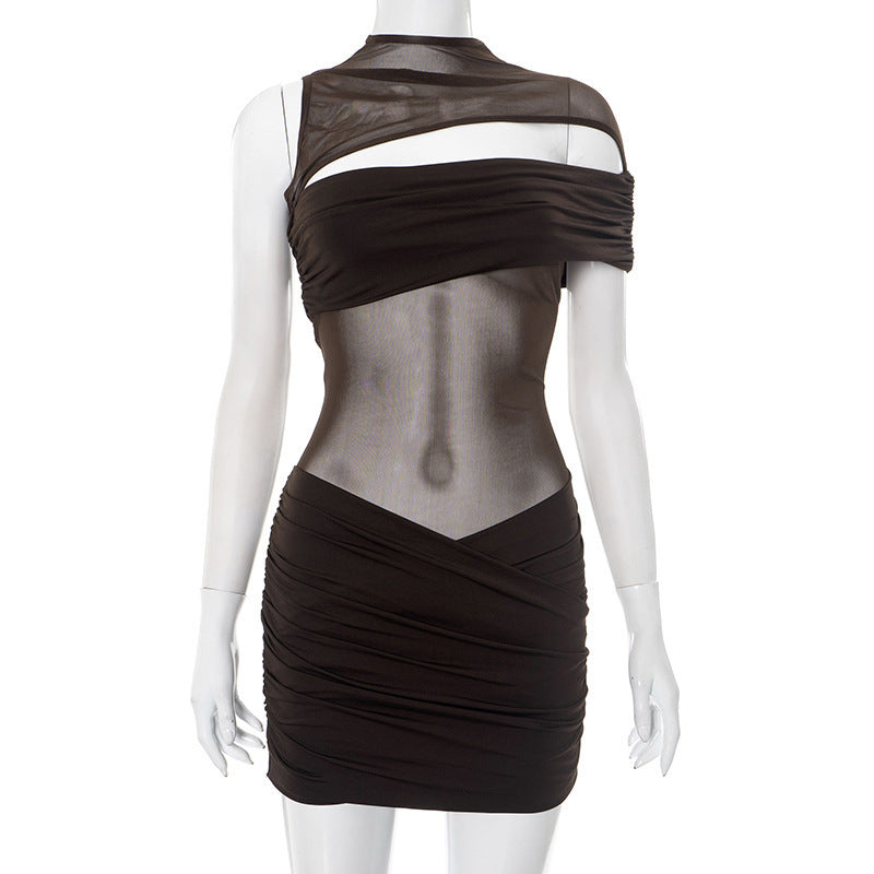 Damen figurbetontes Mesh-Kleid mit asymmetrischem Schnitt und Raffung EB