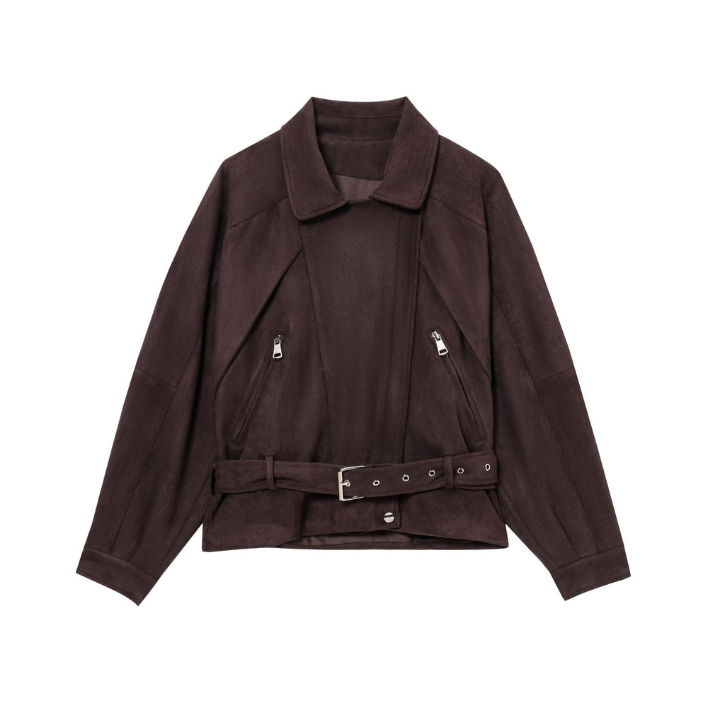 Damen Elegante Wildlederjacke mit modischen Schnallen und praktischen Taschen EB