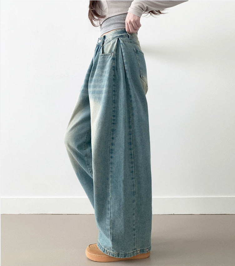 Damen Weite High-Waist Denim-Hose mit Faltenwurf EB