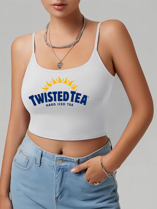 Damen Crop-Top mit kreativem Schriftzug und feinen Trägern EB