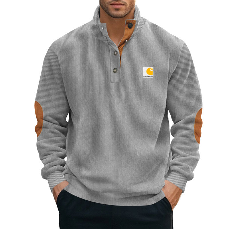 Herren nan Strickpullover im Troyer-Stil mit Stehkragen Lederbesatz Druckknopfleiste und Ellbogen-Patches EB