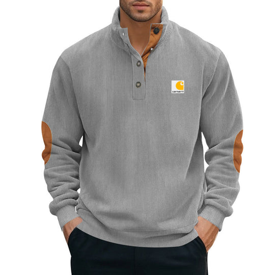 Herren nan Strickpullover im Troyer-Stil mit Stehkragen Lederbesatz Druckknopfleiste und Ellbogen-Patches EB