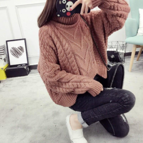 Damen Grobstrickpullover mit hochgeschlossenem Kragen und Zopfmuster EB