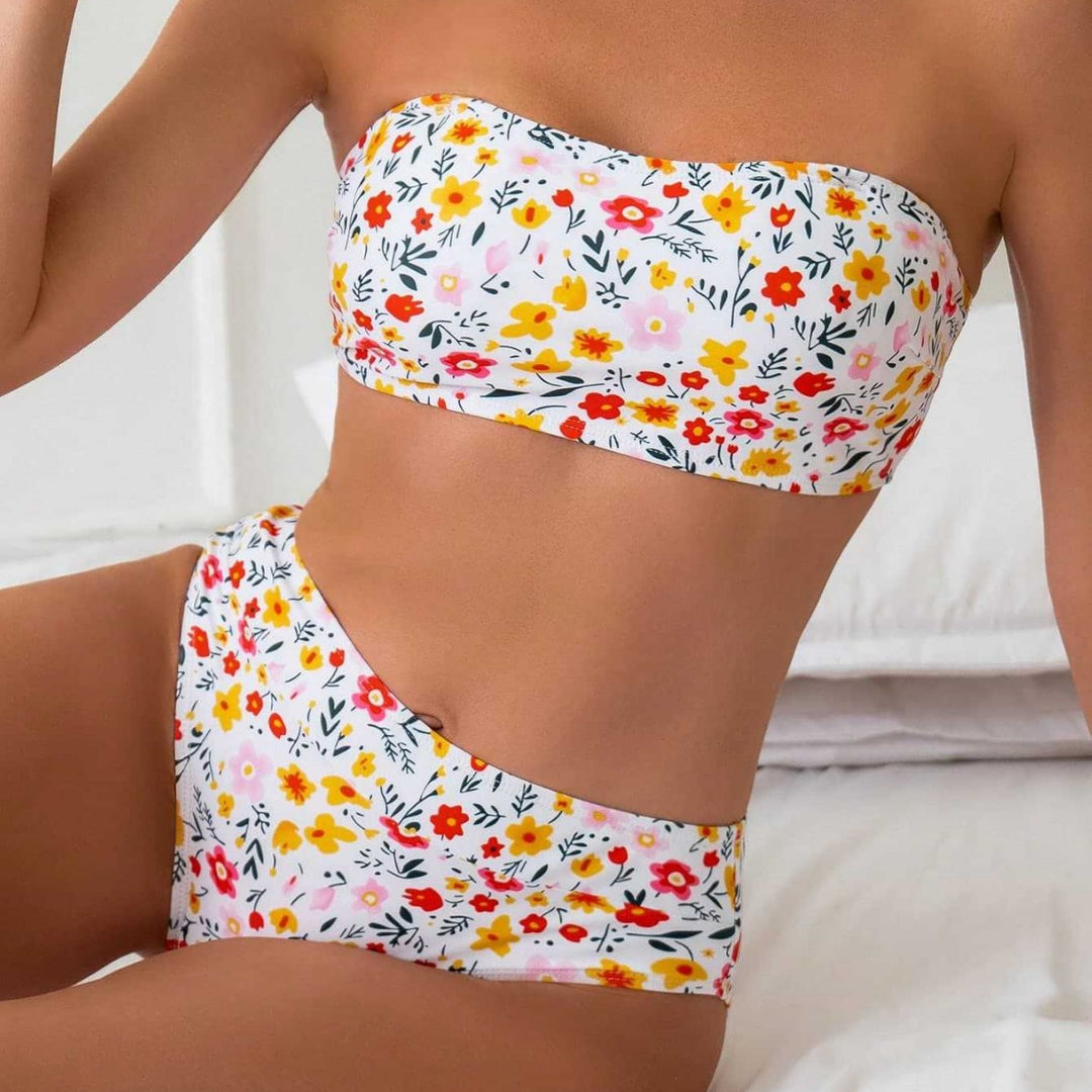 Damen Bandeau-Bikini mit hoch geschnittenem Unterteil und floralem Print EB
