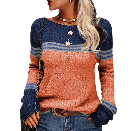 Damen nan lässiger gestrickter Pullover mit Strukturmuster, U-Boot-Ausschnitt und kontrastierenden Bündchen EB
