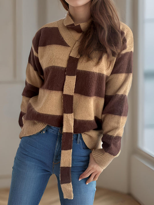 Damen lässiger Strickpullover mit modernem Streifenmuster und dekorativem Schal EB