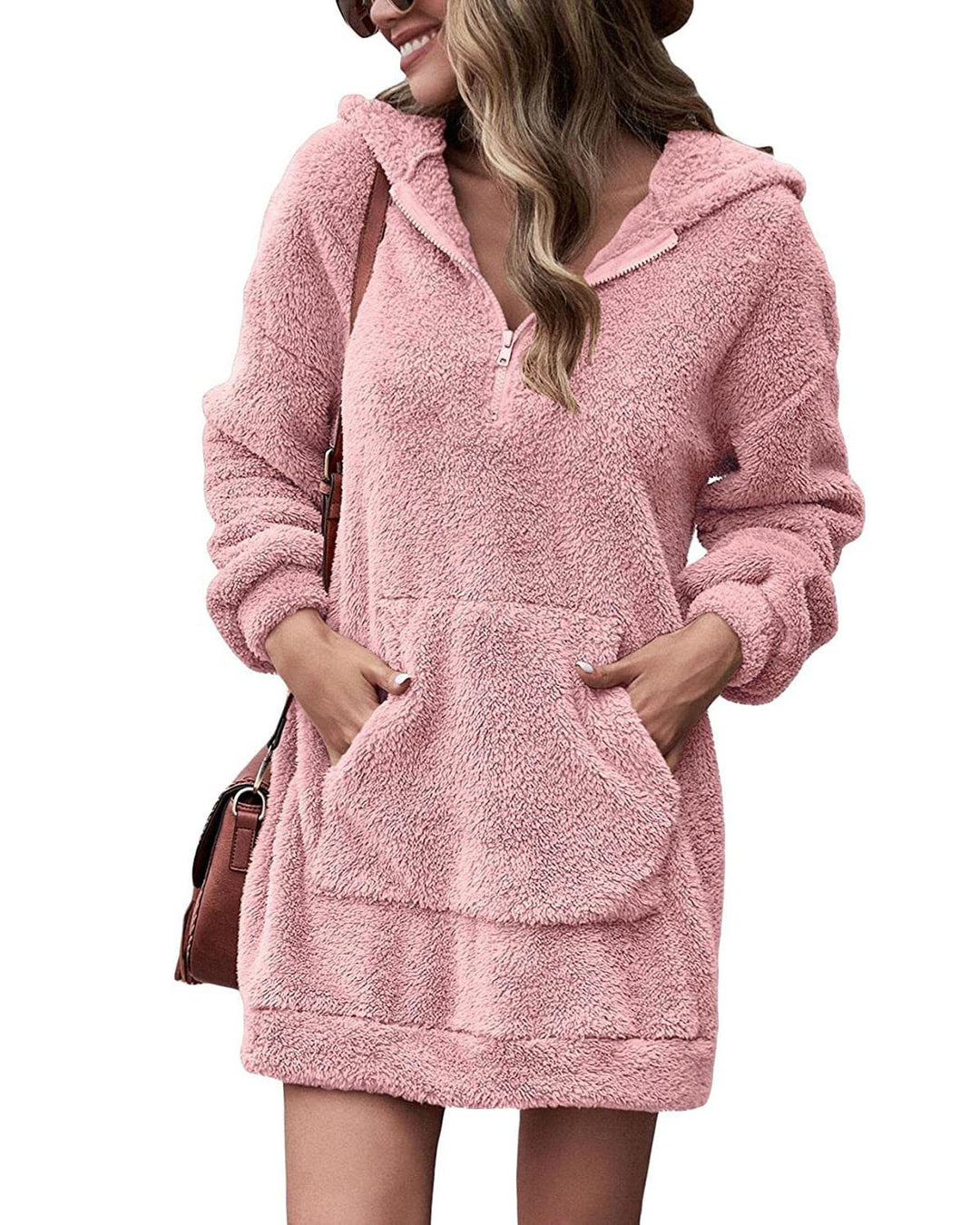Damen Fleece-Kapuzenkleid mit Taschen und Reißverschluss EB