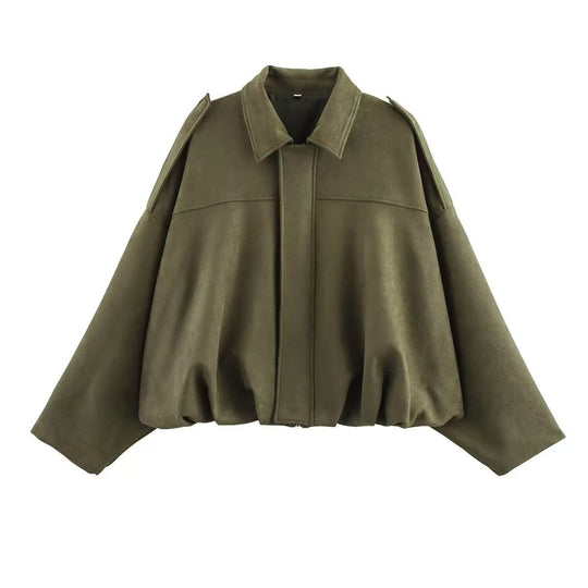 Damen nan Oversize-Kurzjacke mit Ballon-Saum, Schulterpatten und verdeckter Frontleiste EB