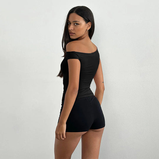 Damen figurbetontes Oberteil mit asymmetrischem Ausschnitt und raffiniertem Rüschen-Design EB