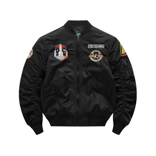 Men's  vintage-inspired mission patch flight bomber with utility sleeve pocket EB
