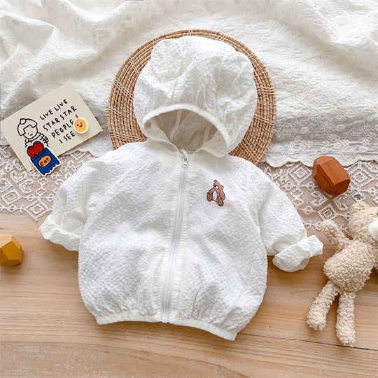 Unisex nan strukturierte Baumwolle Baby Kapuze Zip Front Jacke mit Bären Applikation EB