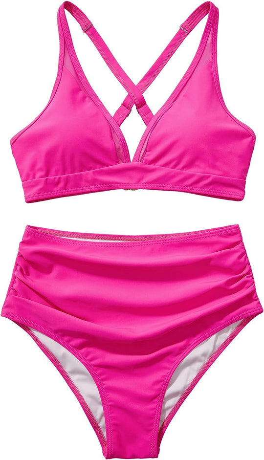 Damen Sportliches Bikini-Set mit verschränkten Trägern und hohem Schnitt EB