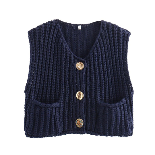 Damen Kurzgeschnittene Ärmellose Strickweste mit V-Ausschnitt und Zierknöpfen EB