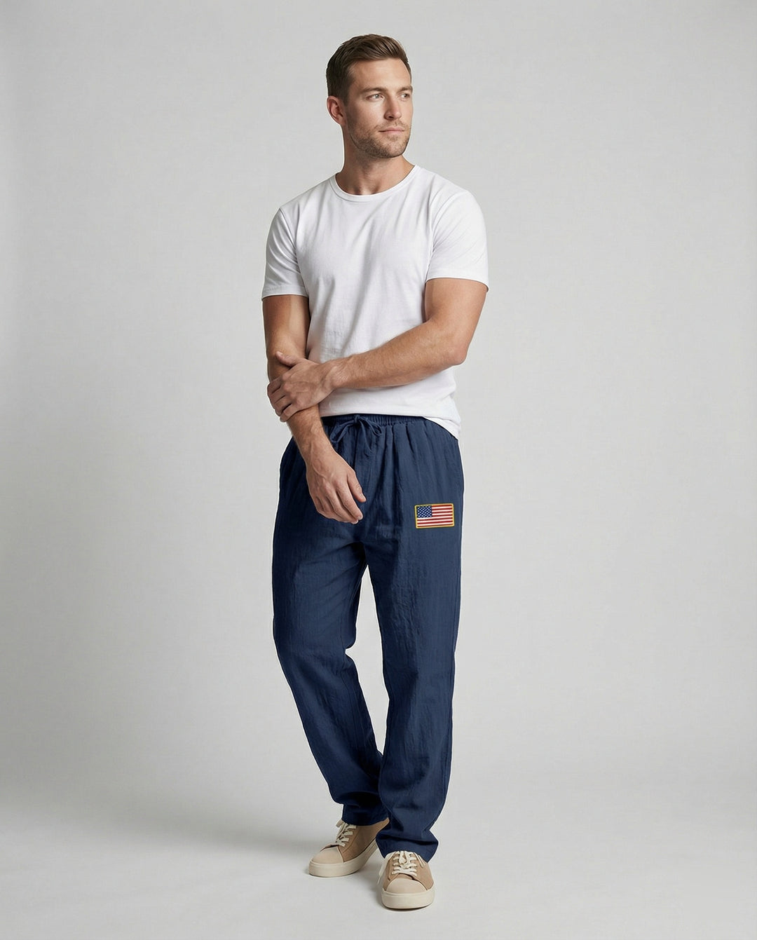 Herren Bequeme Freizeithose mit elastischem Bund und USA-Flaggenapplikation EB