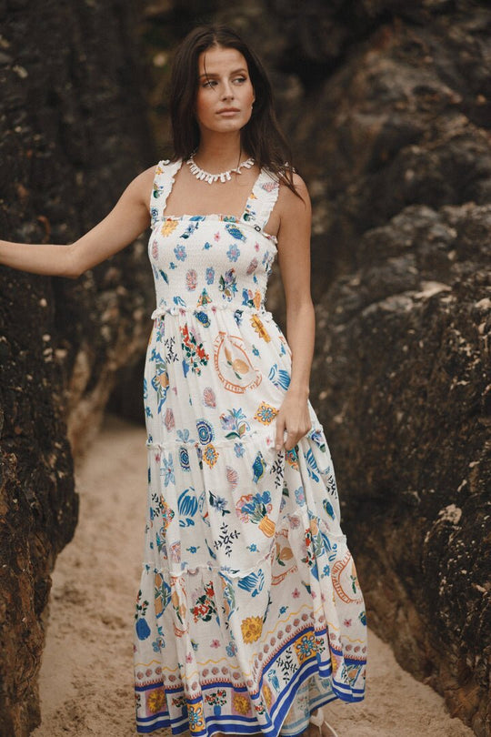 Damen luftiges Maxikleid mit floralem Print und Rüschendetails EB