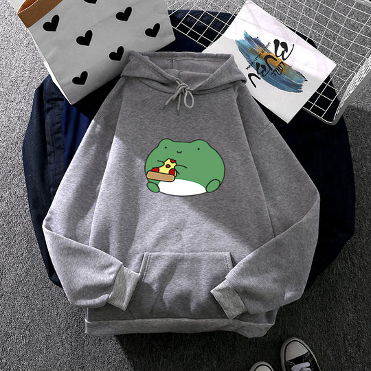 Damen nan gemütlicher Kapuzenpullover mit kawaii Frosch‑Pizza‑Motiv und oversized Relax‑Fit EB
