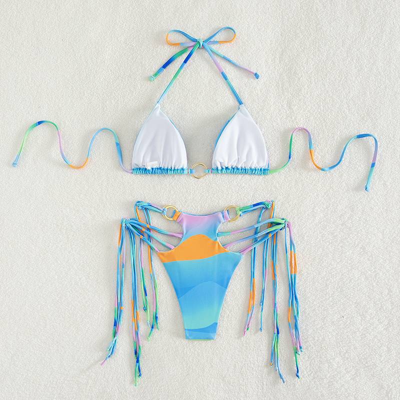Damen Triangel-Bikini mit modischen Schnüroptik und schimmernden Ringdetails EB