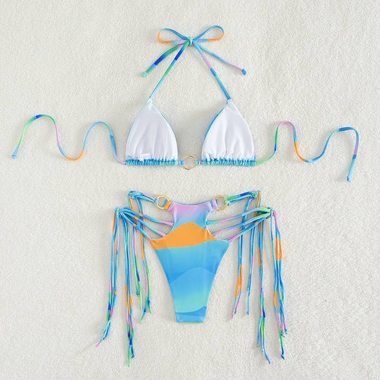 Damen Triangel-Bikini mit modischen Schnüroptik und schimmernden Ringdetails EB